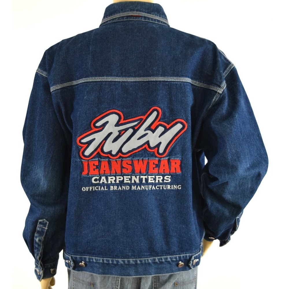 Vintage 90s FUBU Jeanswear Carpenters Denim Jacket Mens Large Blue Embroidered